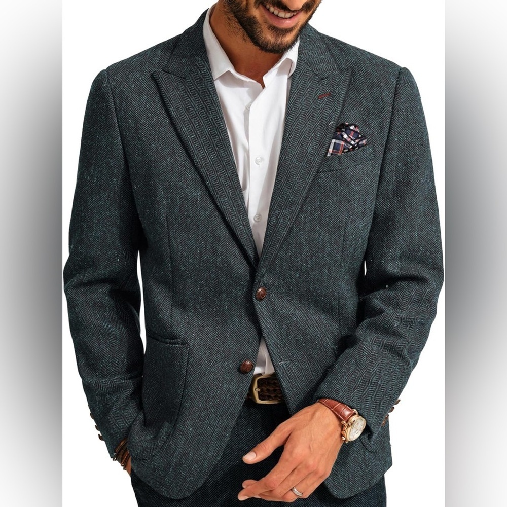 NWT- PJ PAUL JONES Mens 2 Button Herringbone Wool Blend Blazer w/ Pocket Square
